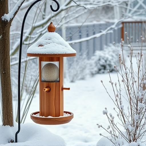 Winter garden scene with fat ball feeder
