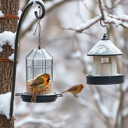 Winter garden scene with suet feeders
