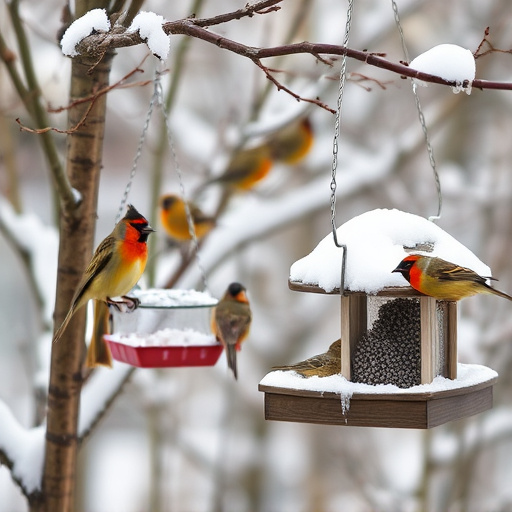 Winter garden scene with suet feeders