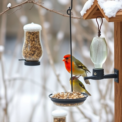 Winter garden scene with suet feeders
