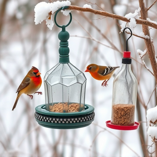 Winter garden scene with suet feeders