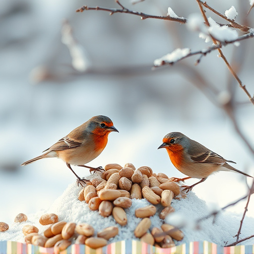 Winter scene with birds feeding peanuts