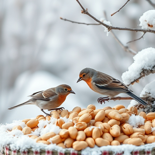 Winter scene with birds feeding peanuts