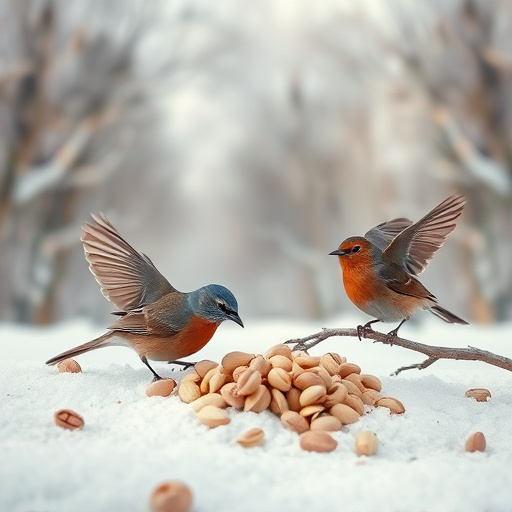 Winter scene with birds feeding peanuts