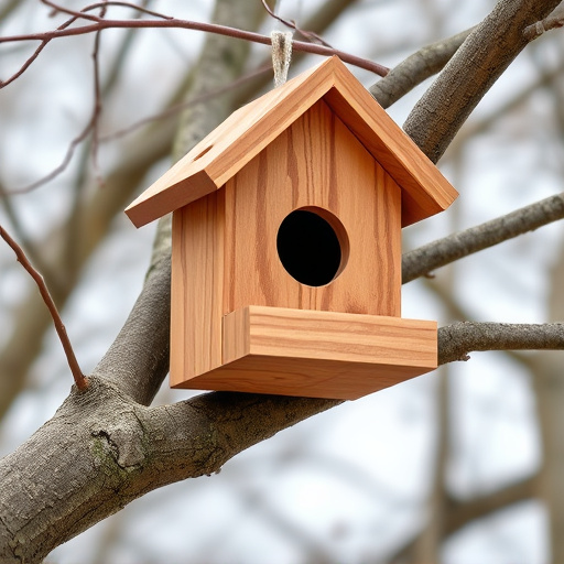 Wooden bird box on tree branch