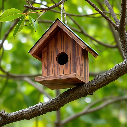 Wooden bird box on tree branch