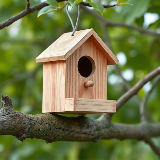 Wooden bird box on tree branch