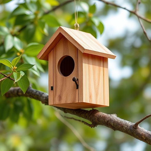 Wooden bird box on tree branch