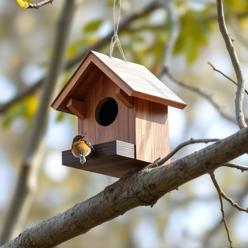 Wooden bird box on tree branch