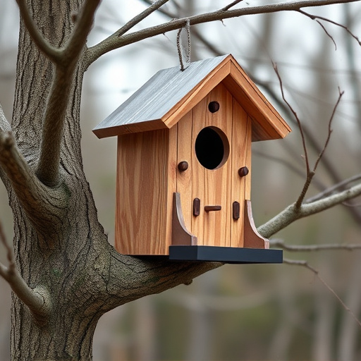 Wooden bird box on tree branch