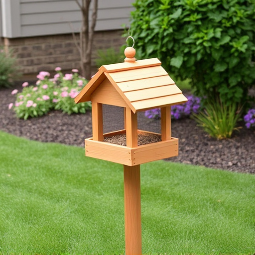 Wooden freestanding bird feeder on lawn