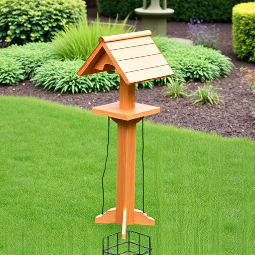 Wooden freestanding bird feeder on lawn