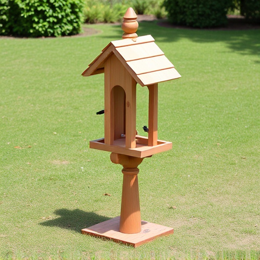 Wooden freestanding bird feeder on lawn
