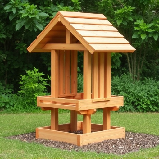 Wooden ground feeder with pitched roof