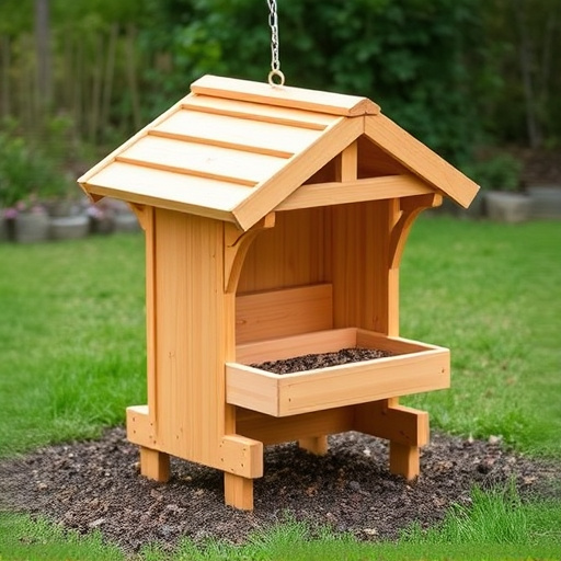Wooden ground feeder with pitched roof