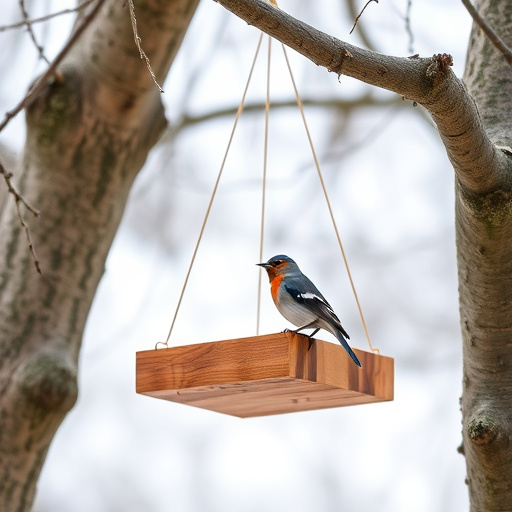 Wooden hanging bird table in tree