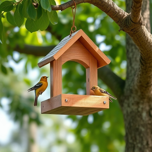 Wooden hanging bird table in tree