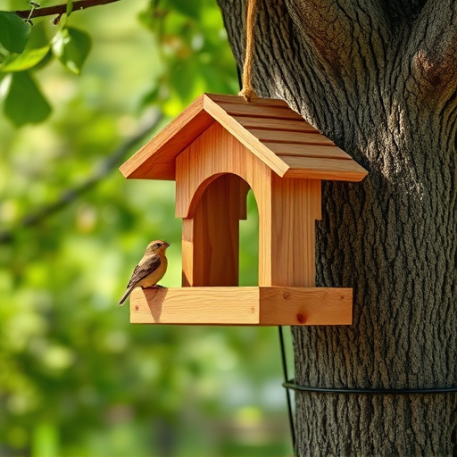 Wooden hanging bird table in tree