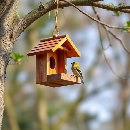 Wooden hanging bird table in tree