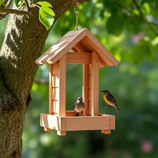 Wooden hanging bird table in tree
