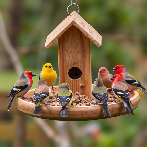 Wooden tray feeder surrounded by finches