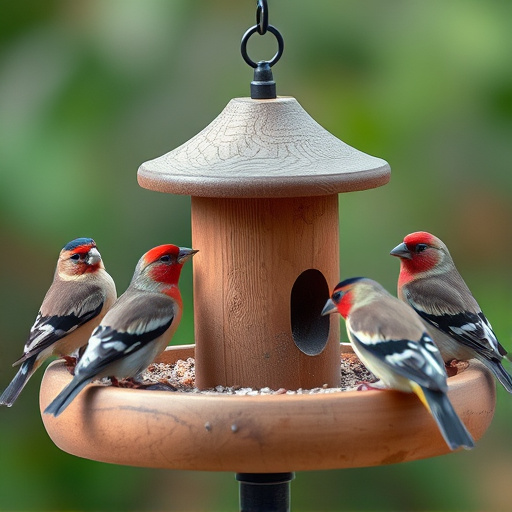 Wooden tray feeder surrounded by finches