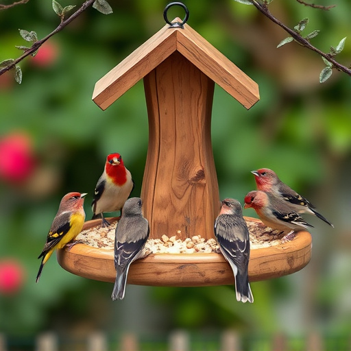 Wooden tray feeder surrounded by finches
