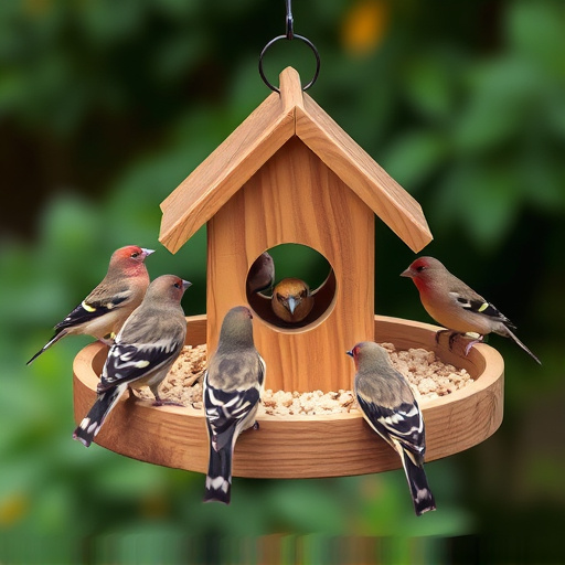 Wooden tray feeder surrounded by finches