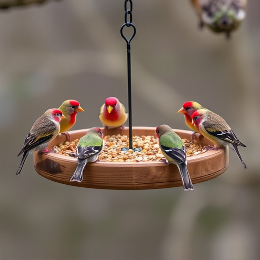 Wooden tray feeder surrounded by finches