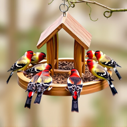 Wooden tray feeder surrounded by finches