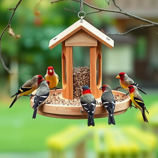 Wooden tray feeder surrounded by finches