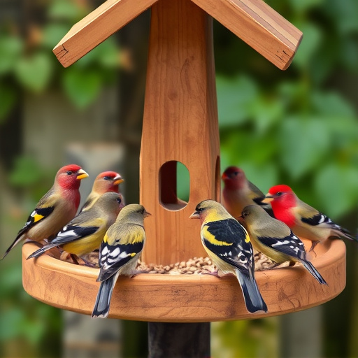 Wooden tray feeder surrounded by finches