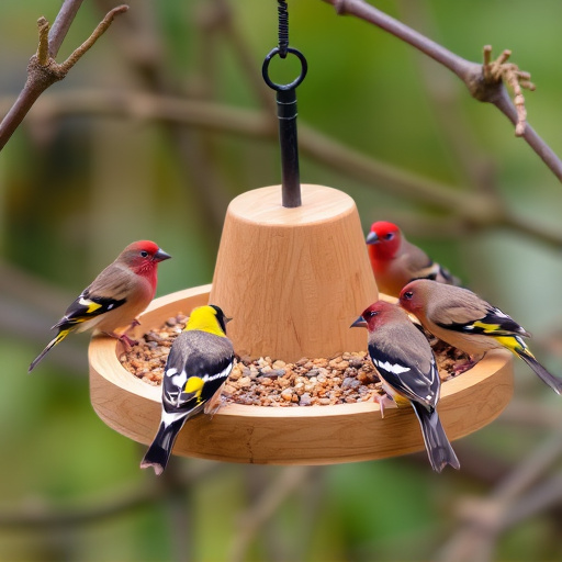 Wooden tray feeder surrounded by finches