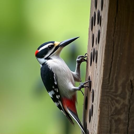Woodpecker feeding on suet block