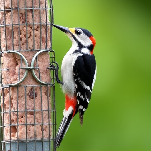 Woodpecker feeding on suet block