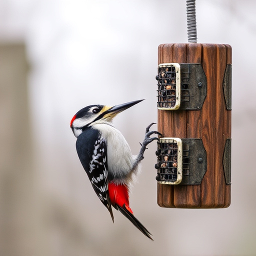 Woodpecker feeding on suet block