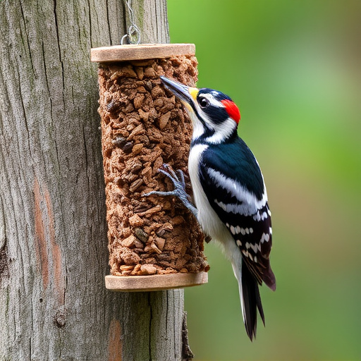 Woodpecker feeding on suet block