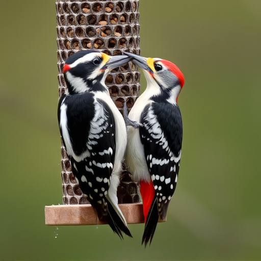Woodpecker feeding on suet block