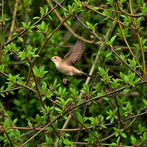 Wren flitting through dense hedgerow