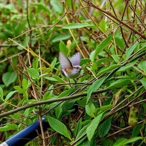 Wren flitting through dense hedgerow