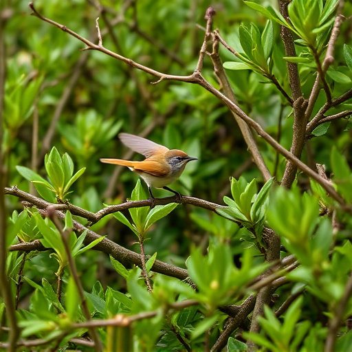 Wren flitting through dense hedgerow