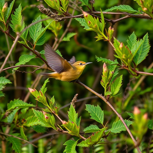Wren flitting through dense hedgerow
