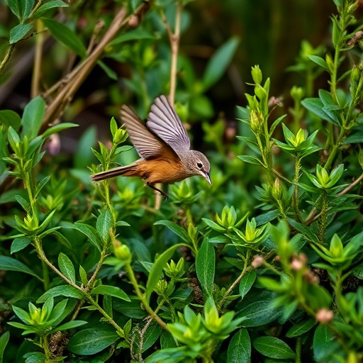 Wren flitting through dense hedgerow