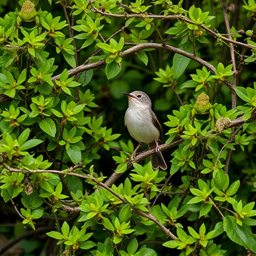 Wren flitting through dense hedgerow