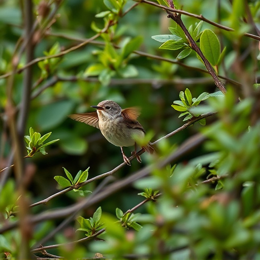 Wren flitting through dense hedgerow
