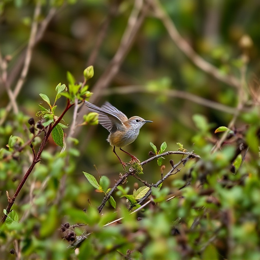 Wren flitting through dense hedgerow