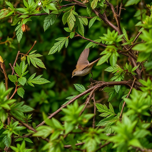 Wren flitting through dense hedgerow