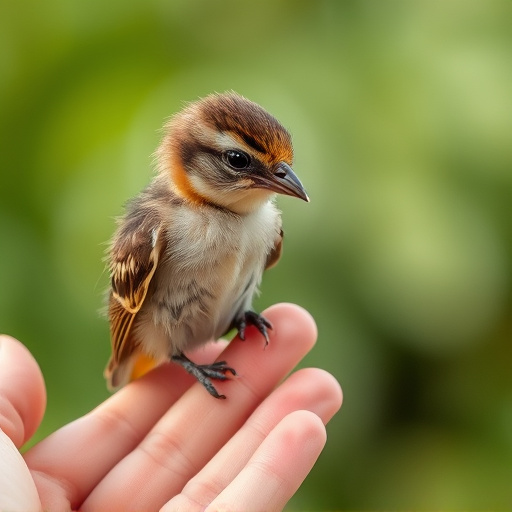 Young fledgling bird being hand-fed