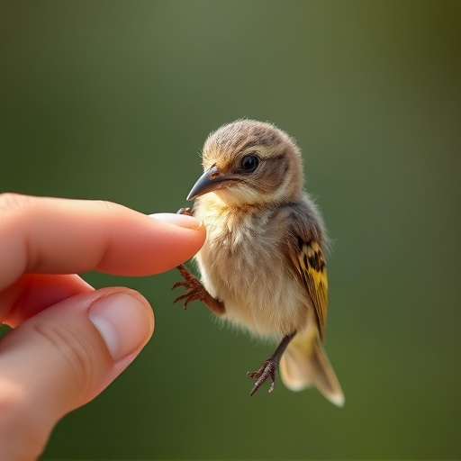 Young fledgling bird being hand-fed