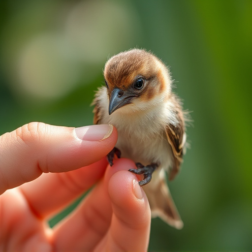Young fledgling bird being hand-fed